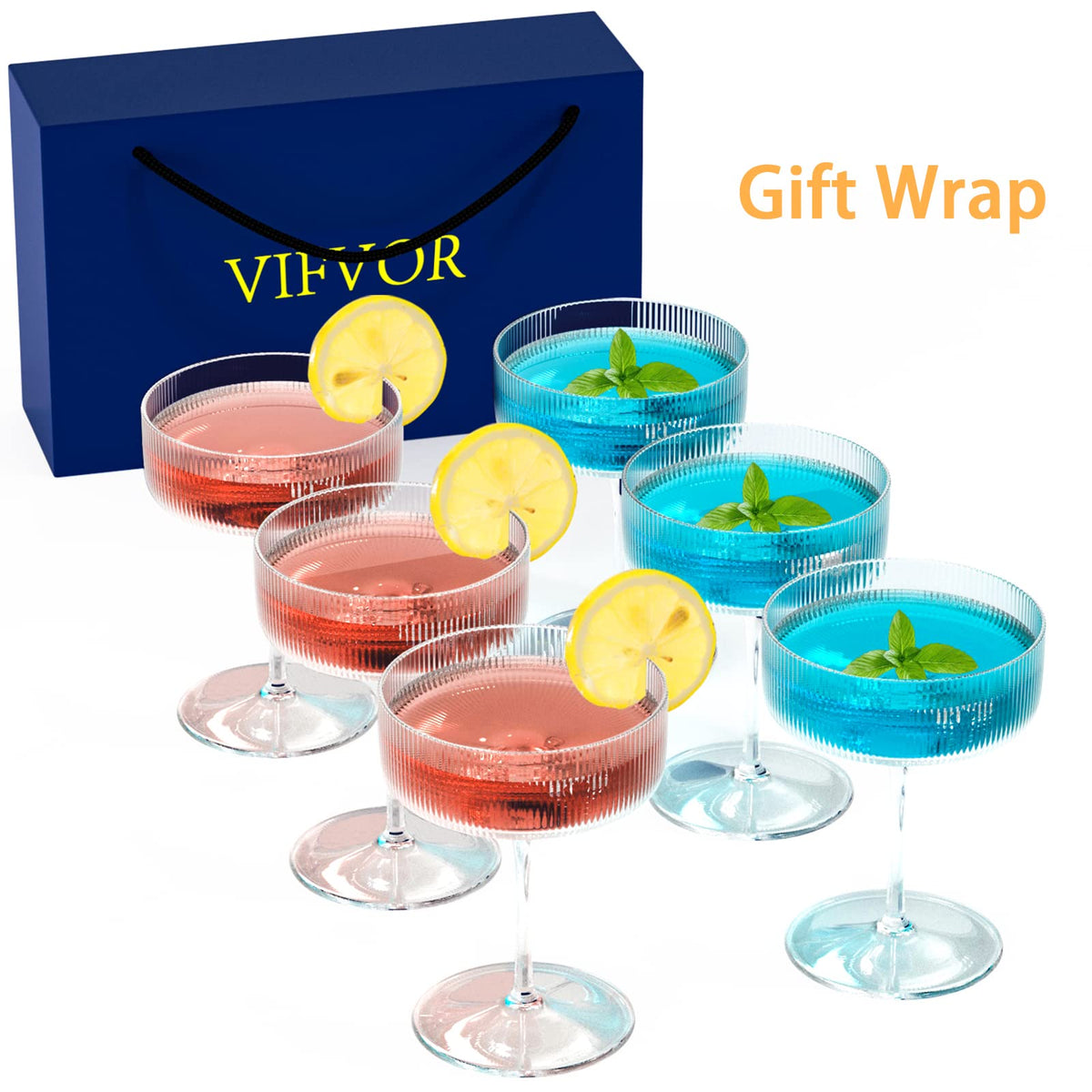 6 Pcs 10 oz Ribbed Coupe Cocktail Glasses Y165372