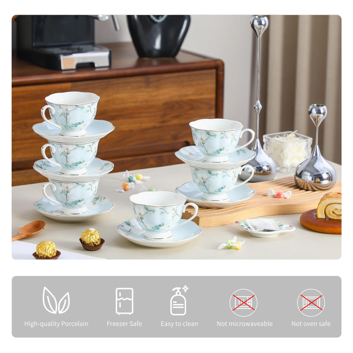 6oz Porcelain Tea Cup & Saucer Set of 6 J613