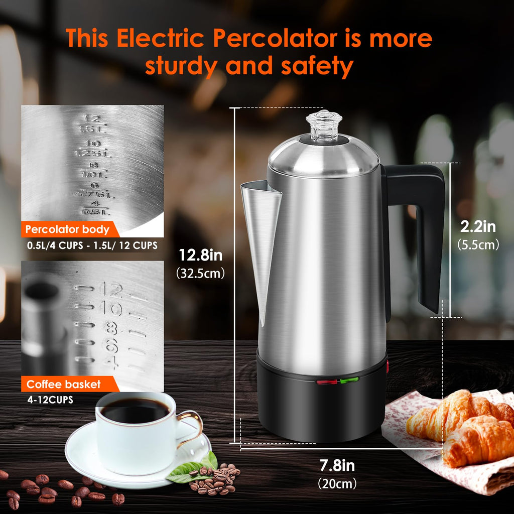 800W Stainless Steel Electric Coffee Percolator 12 Cups P17133