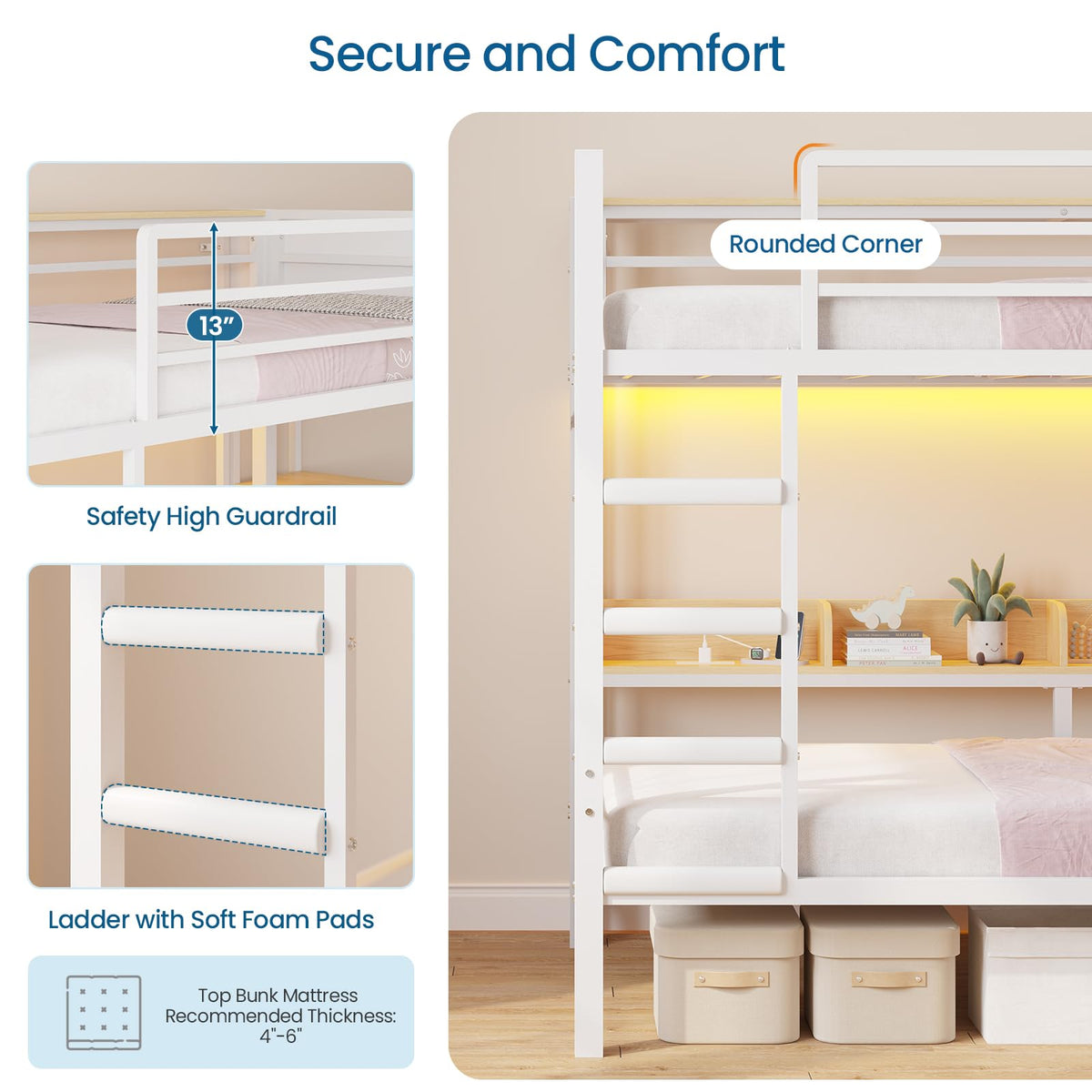 Twin Over Twin Bunk Bed with 6 Storage Drawers, Shelves, LED Lights and Ladder G766