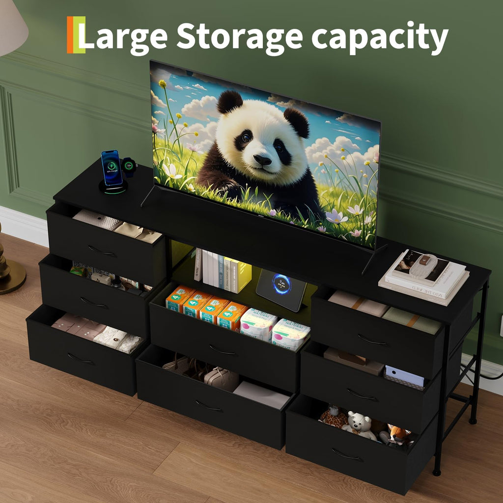 Black LED TV Stand Dresser with 8 Fabric Drawers U3317