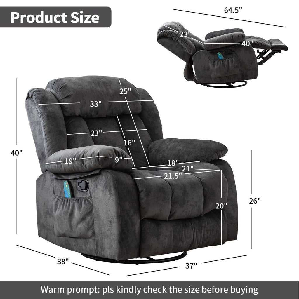 Grey Manual Swivel Rocker Recliner with Heat and Vibration J67647
