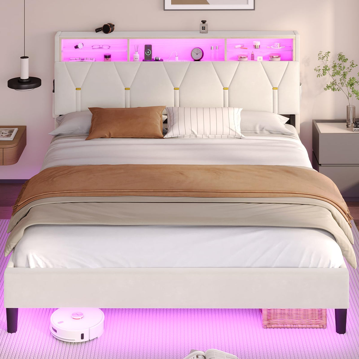 Full Size Velvet Upholstered Platform Bed Frame with Storage Headboard H70450