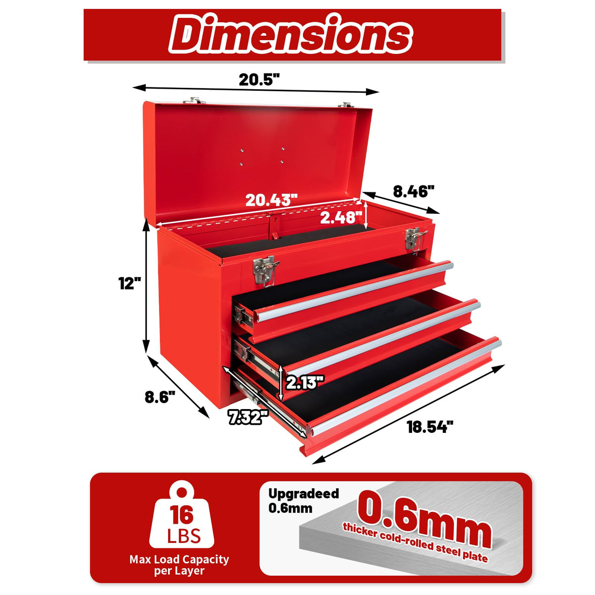 20.5-Inch Metal Tool Box with 3 Drawers Y22657