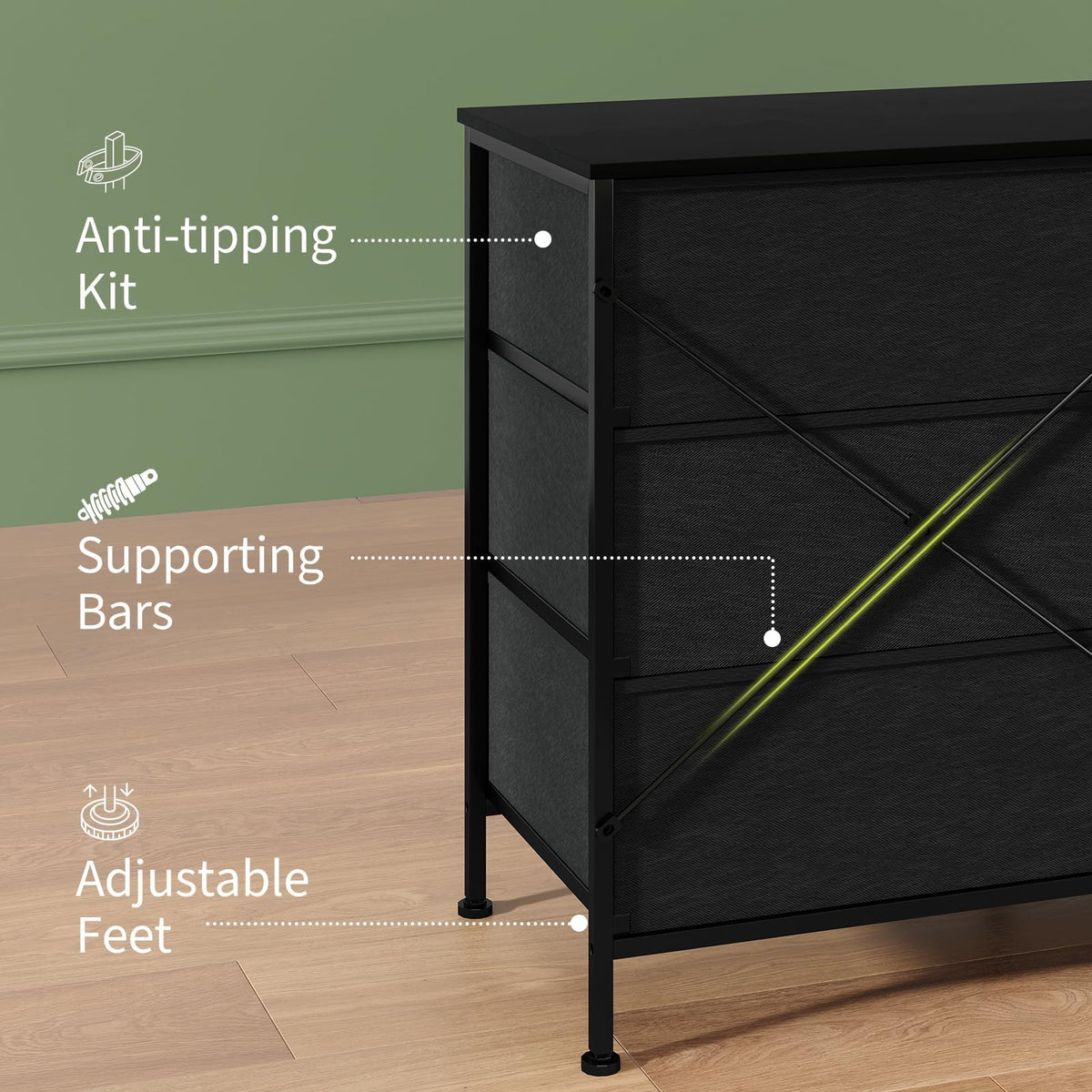 Black LED TV Stand Dresser with 8 Fabric Drawers U3317
