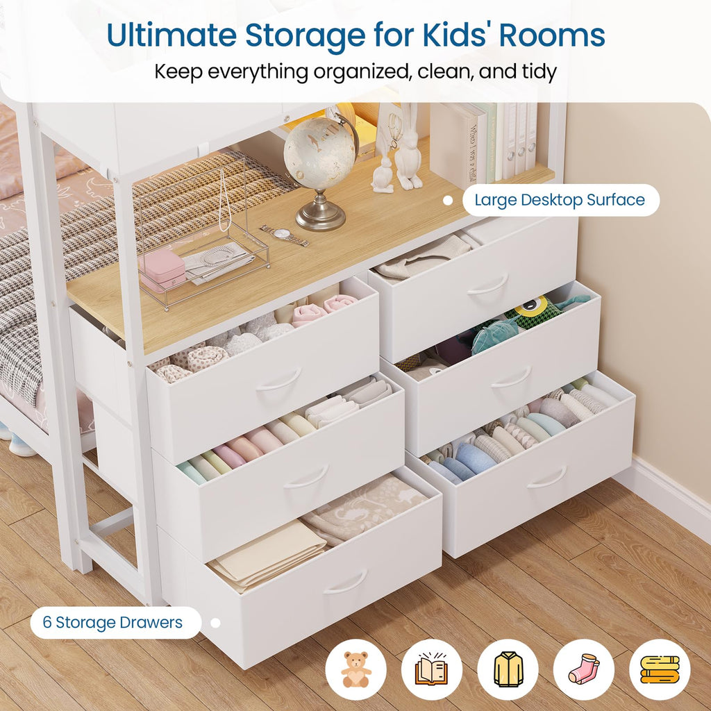 Twin Over Twin Bunk Bed with 6 Storage Drawers, Shelves, LED Lights and Ladder G766