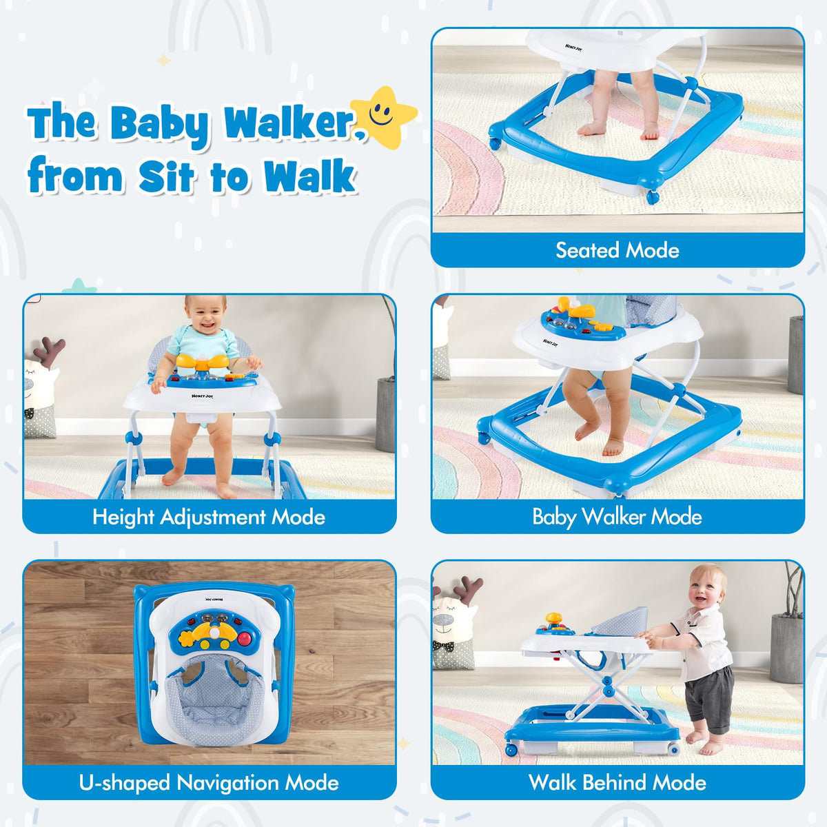 Blue 5 in 1 Foldable Baby Walker with Wheels F244