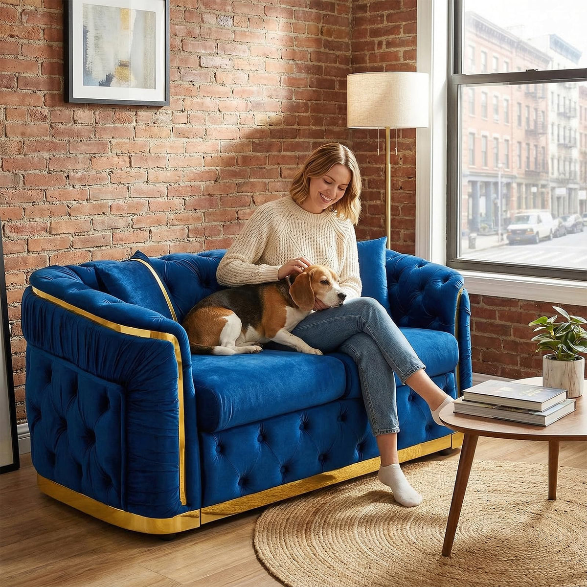 Blue and Gold Velvet Button Tufted Loveseat Sofa W263258