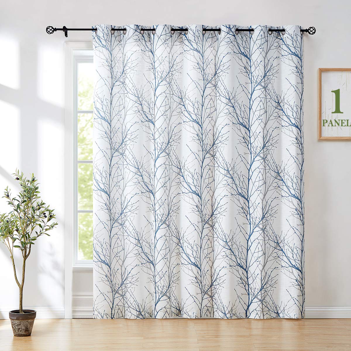 Linen Blue White Semi Sheer Curtains 84 Inch 1 Panel T8860