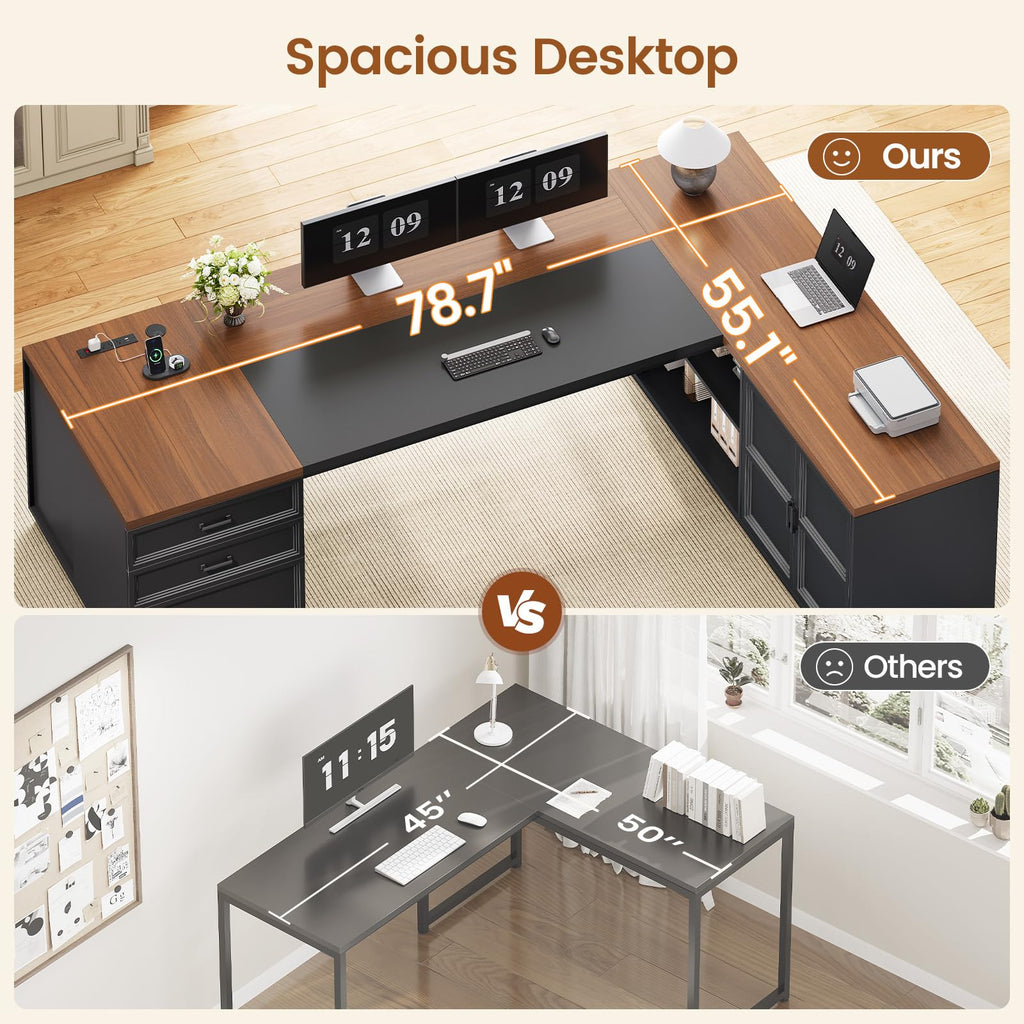 78.7" L Shaped Executive Desk with Charging Station, File Drawers & Storage Cabinet, Black + Brown J600