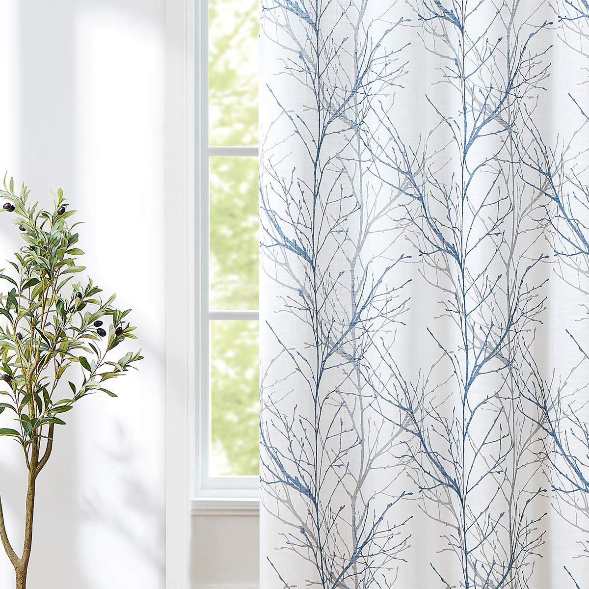 Linen Blue White Semi Sheer Curtains 84 Inch 1 Panel T8860