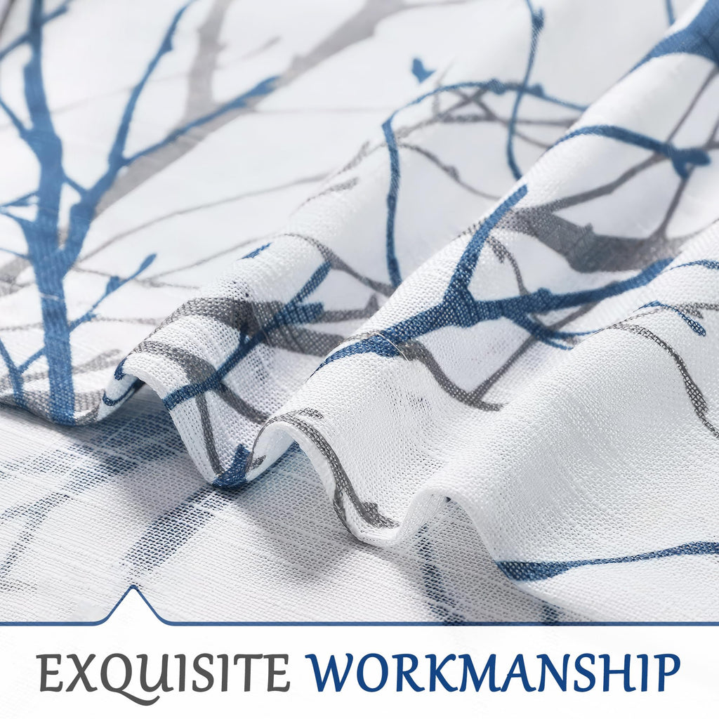 Linen Blue White Semi Sheer Curtains 84 Inch 1 Panel T8860