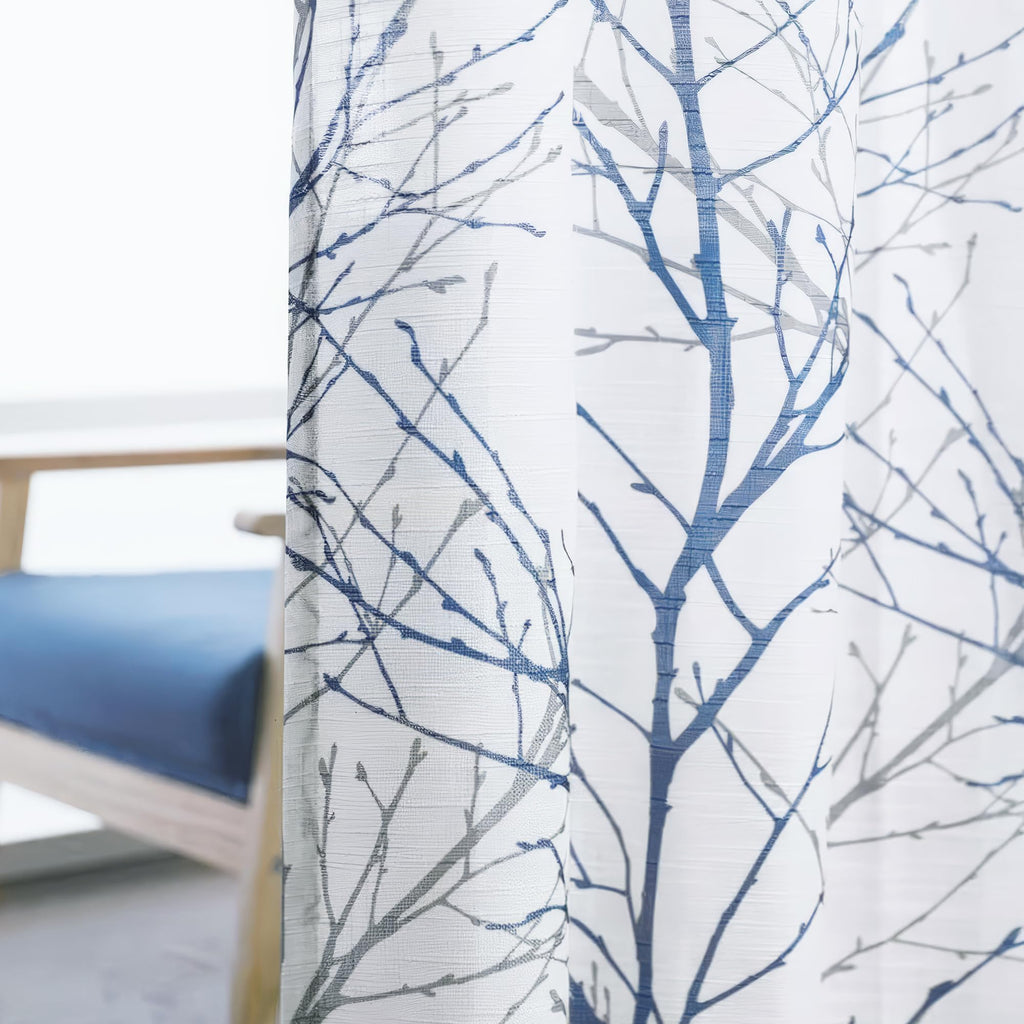 Linen Blue White Semi Sheer Curtains 84 Inch 1 Panel T8860