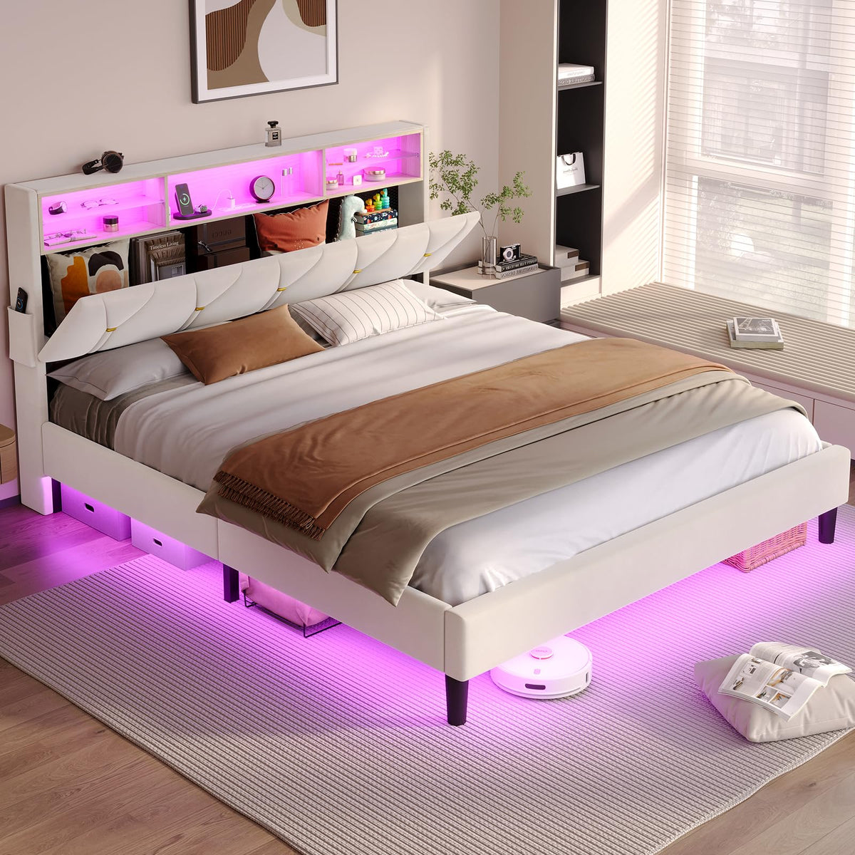 Full Size Velvet Upholstered Platform Bed Frame with Storage Headboard H70450