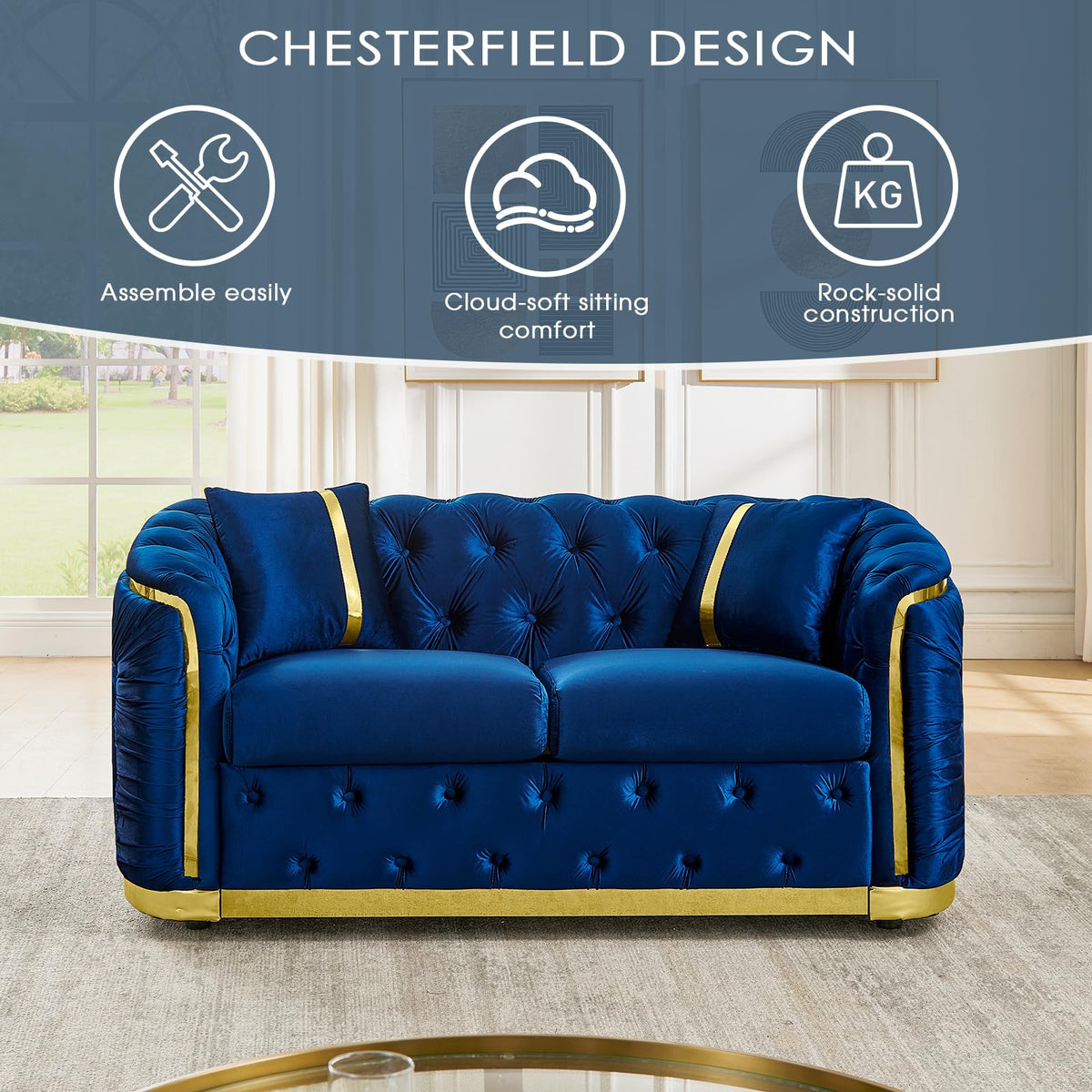 Blue and Gold Velvet Button Tufted Loveseat Sofa W263258