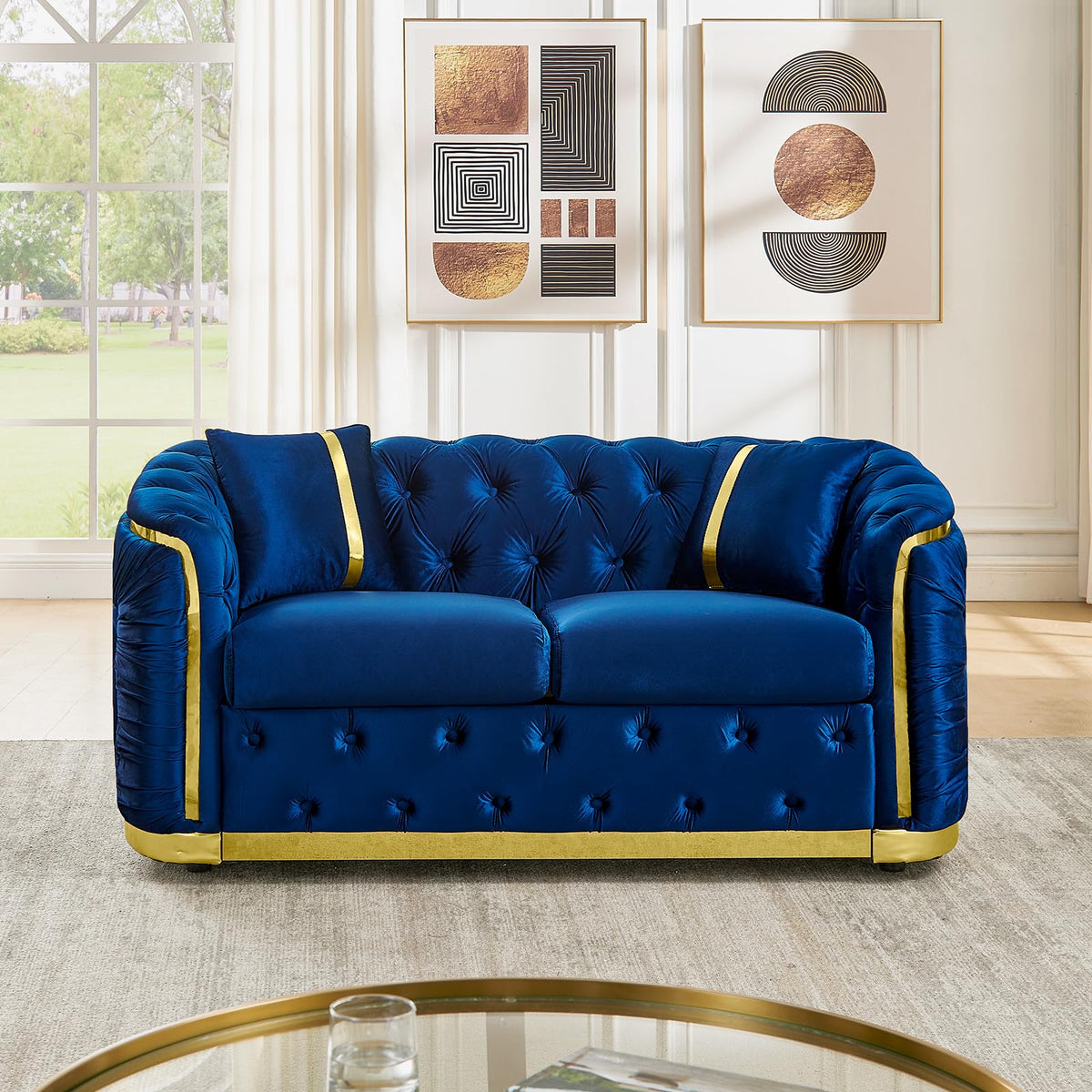 Blue and Gold Velvet Button Tufted Loveseat Sofa W263258