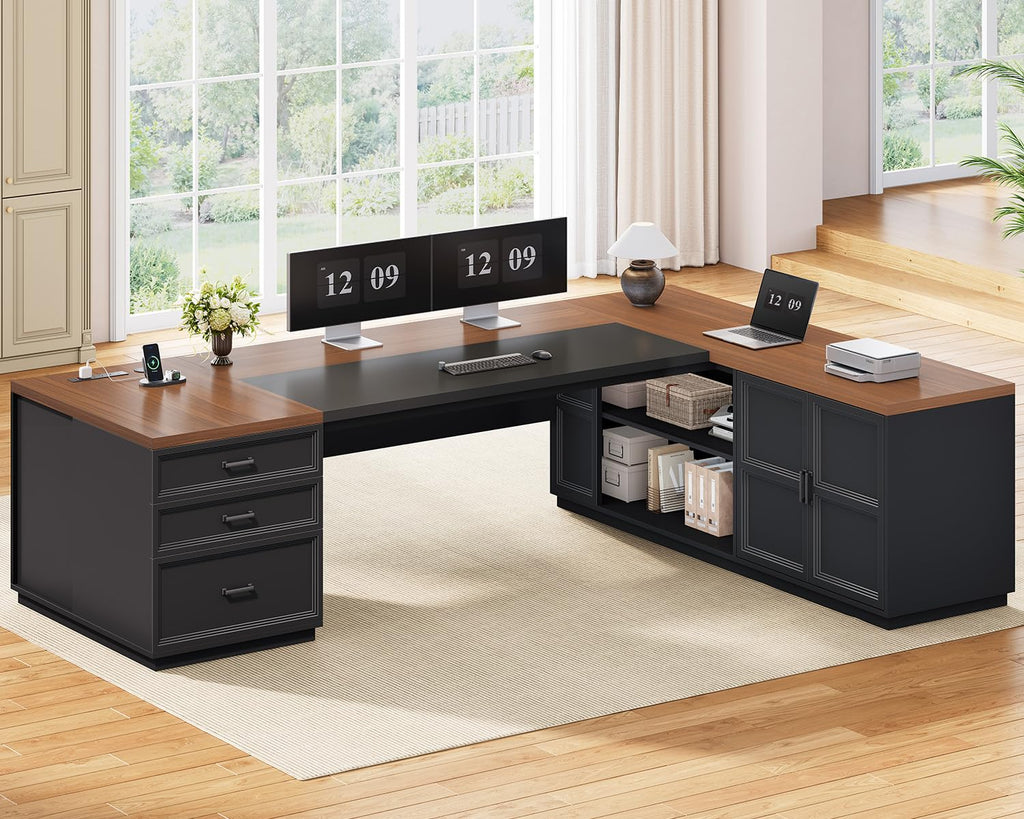 78.7" L Shaped Executive Desk with Charging Station, File Drawers & Storage Cabinet, Black + Brown J600