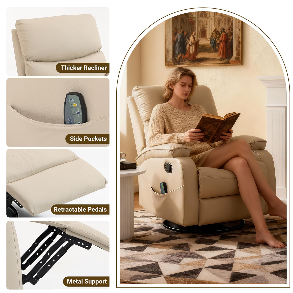 Beige Leather Swivel Rocking Recliner Chair Y425055