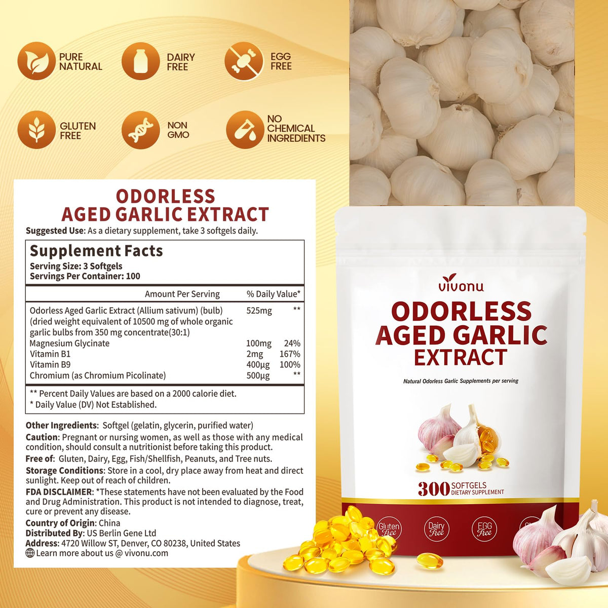 Aged Garlic Extract Capsules, 300 Softgels, Odorless, Gluten Free D702576
