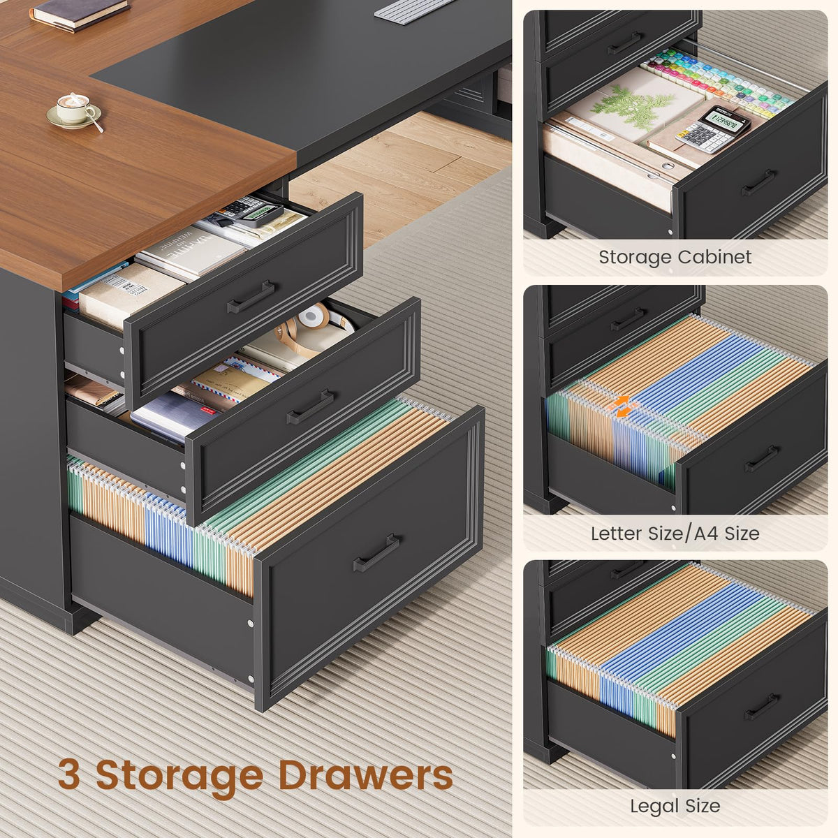 78.7" L Shaped Executive Desk with Charging Station, File Drawers & Storage Cabinet, Black + Brown J600