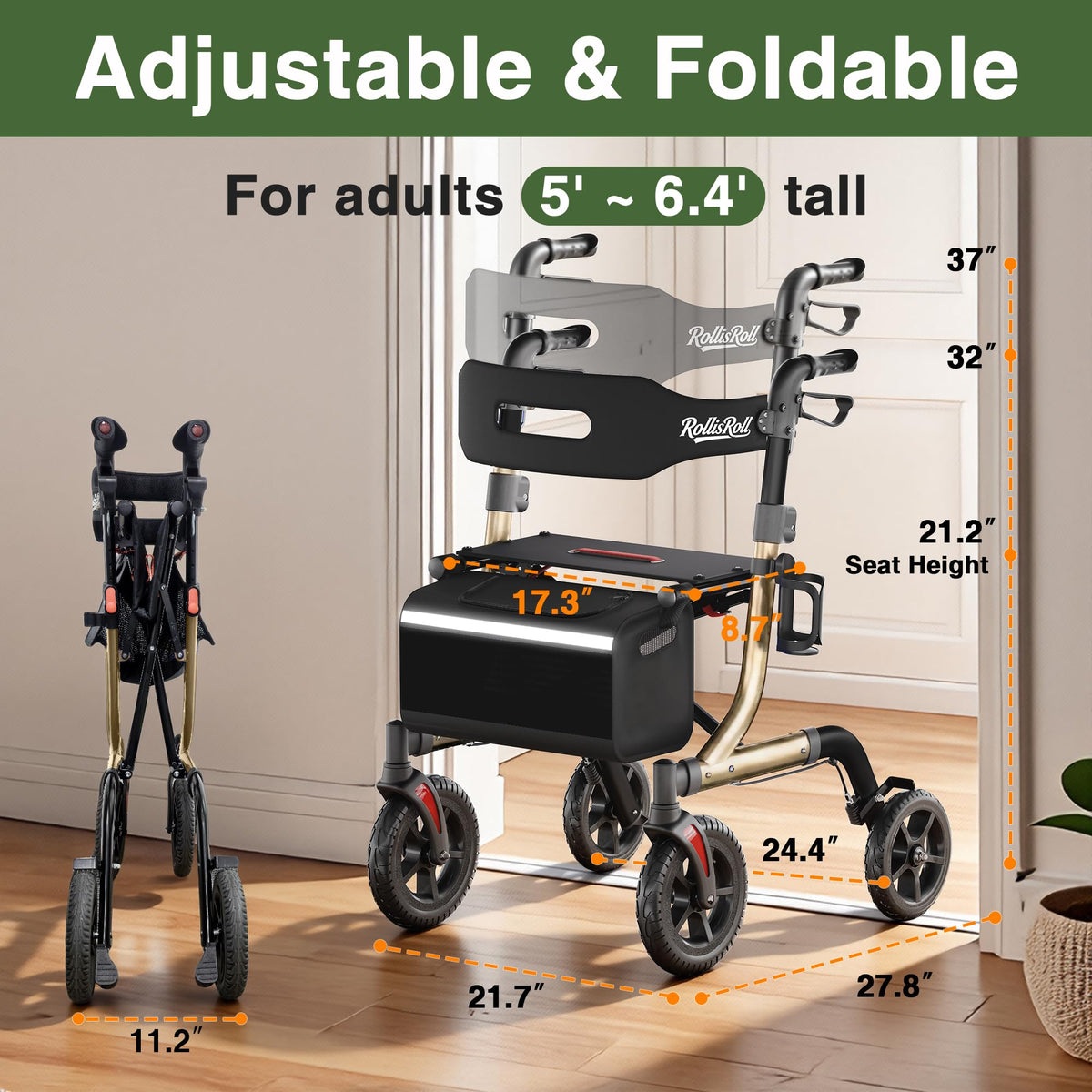 Foldable Aluminum Rollator Walker with Seat and 10" Wheels M5236
