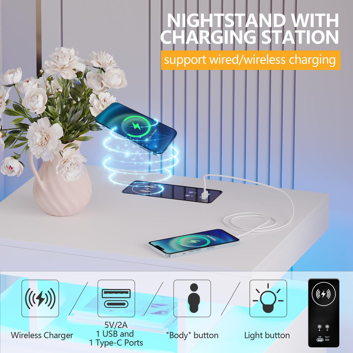 LED Nightstand with Charging Station White C4721