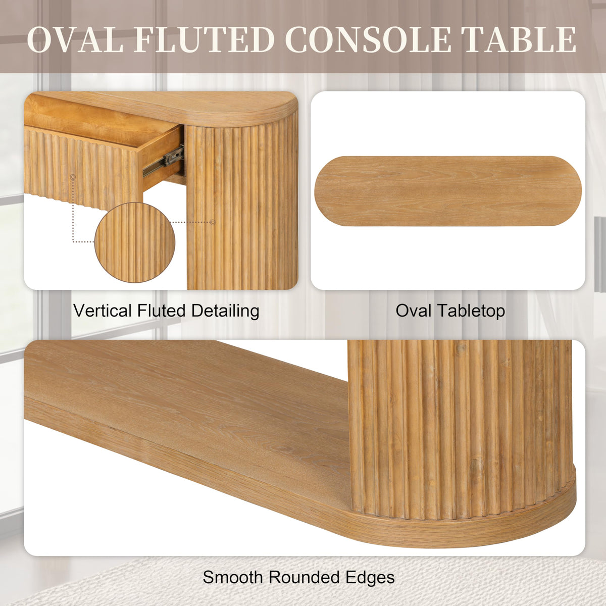 Fluted Console Table 2 Drawers Wood Natural Z953136