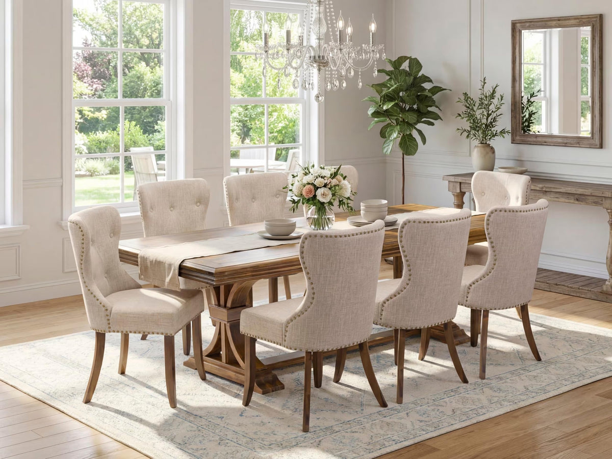 9-piece Dining Table Set with 8 Light Tan Linen Fabric Chairs I8225