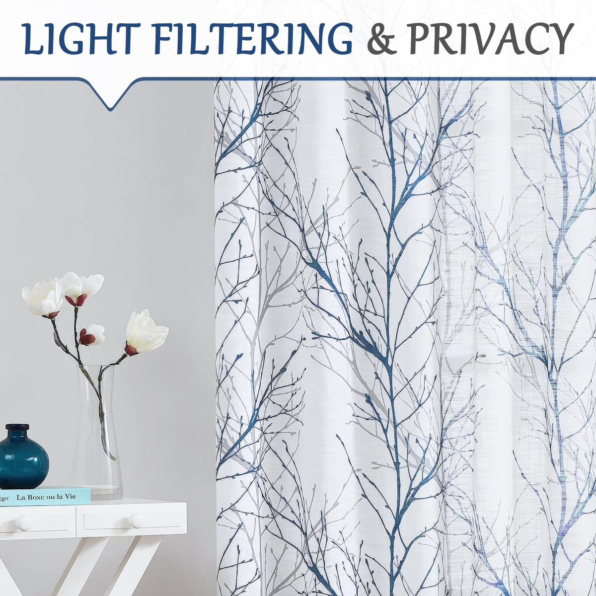 Linen Blue White Semi Sheer Curtains 84 Inch 1 Panel T8860