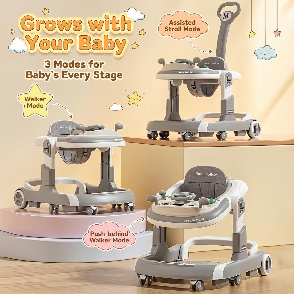 Foldable Baby Walker with Wheels and Bouncing Foot Mat X965616