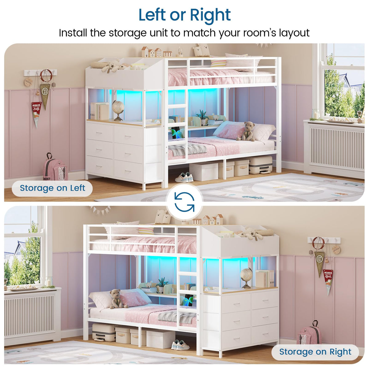 Twin Over Twin Bunk Bed with 6 Storage Drawers, Shelves, LED Lights and Ladder G766