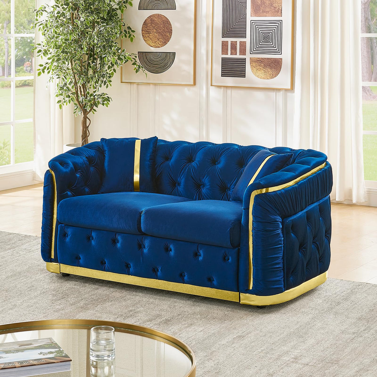 Blue and Gold Velvet Button Tufted Loveseat Sofa W263258
