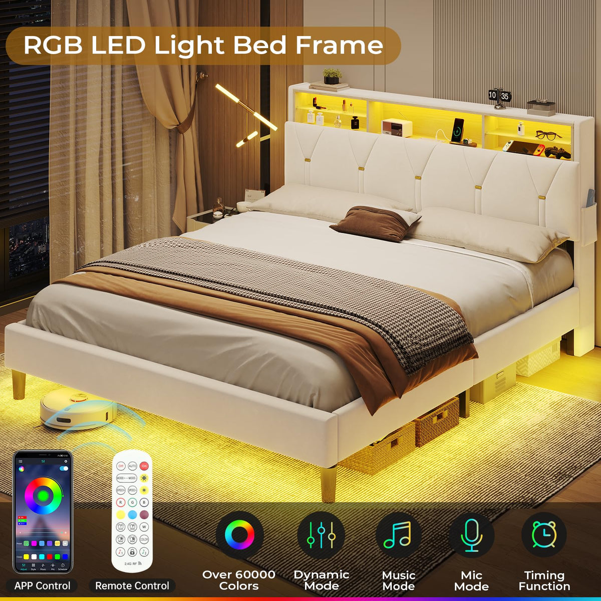 Full Size Velvet Upholstered Platform Bed Frame with Storage Headboard H70450