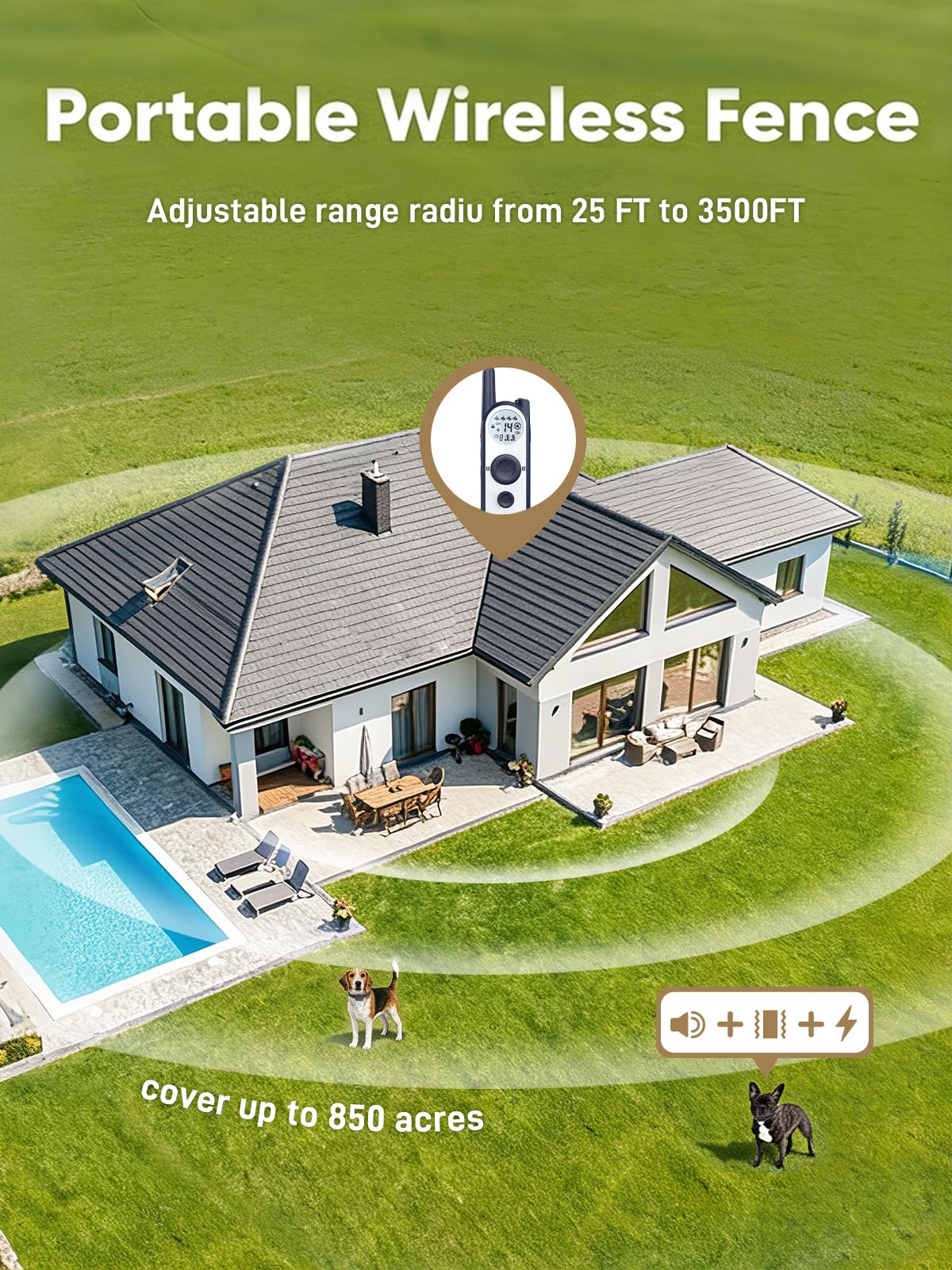 Wireless Dog Fence System, 3500ft Adjustable Waterproof Rechargeable Training Collar F4766