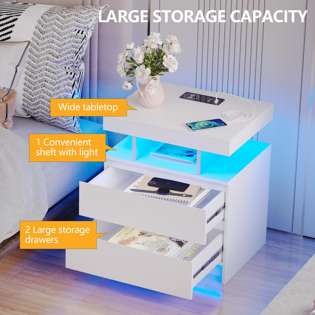 LED Nightstand with Charging Station White C4721