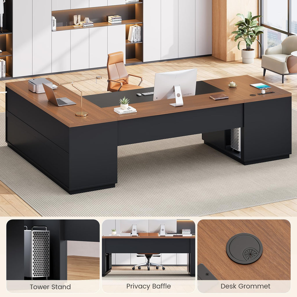 78.7" L Shaped Executive Desk with Charging Station, File Drawers & Storage Cabinet, Black + Brown J600