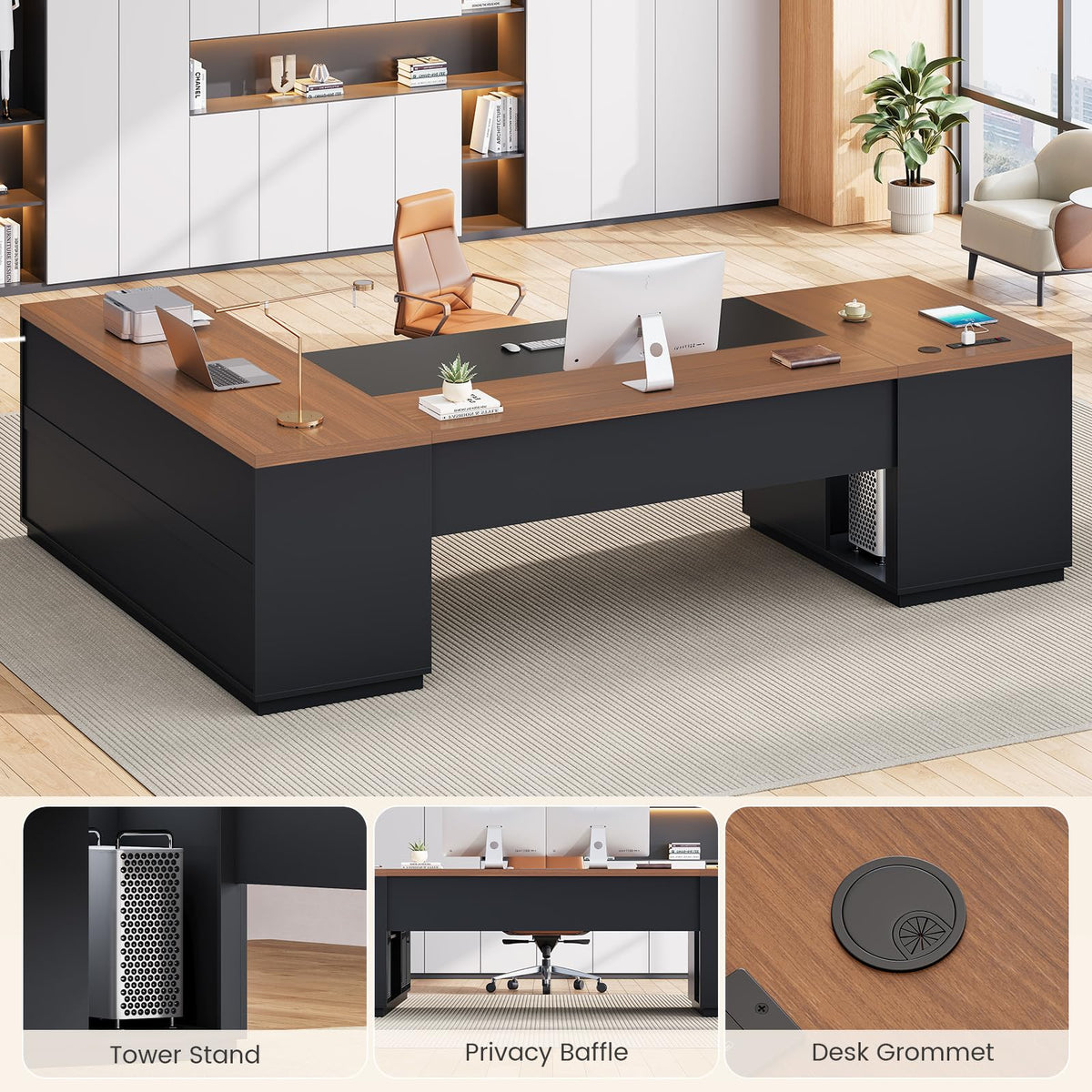78.7" L Shaped Executive Desk with Charging Station, File Drawers & Storage Cabinet, Black + Brown J600