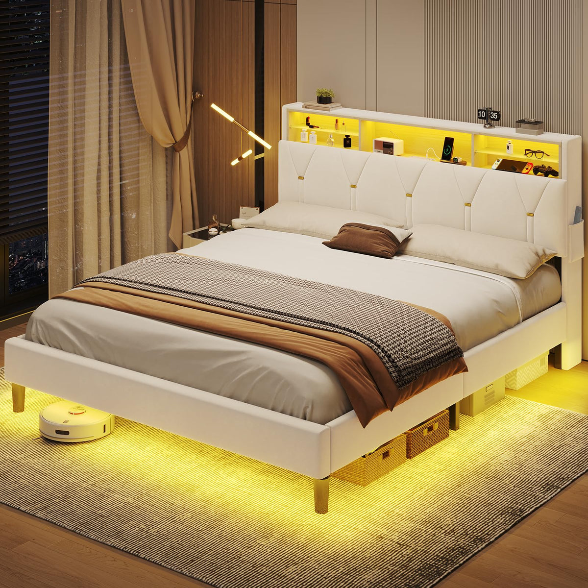 Full Size Velvet Upholstered Platform Bed Frame with Storage Headboard H70450