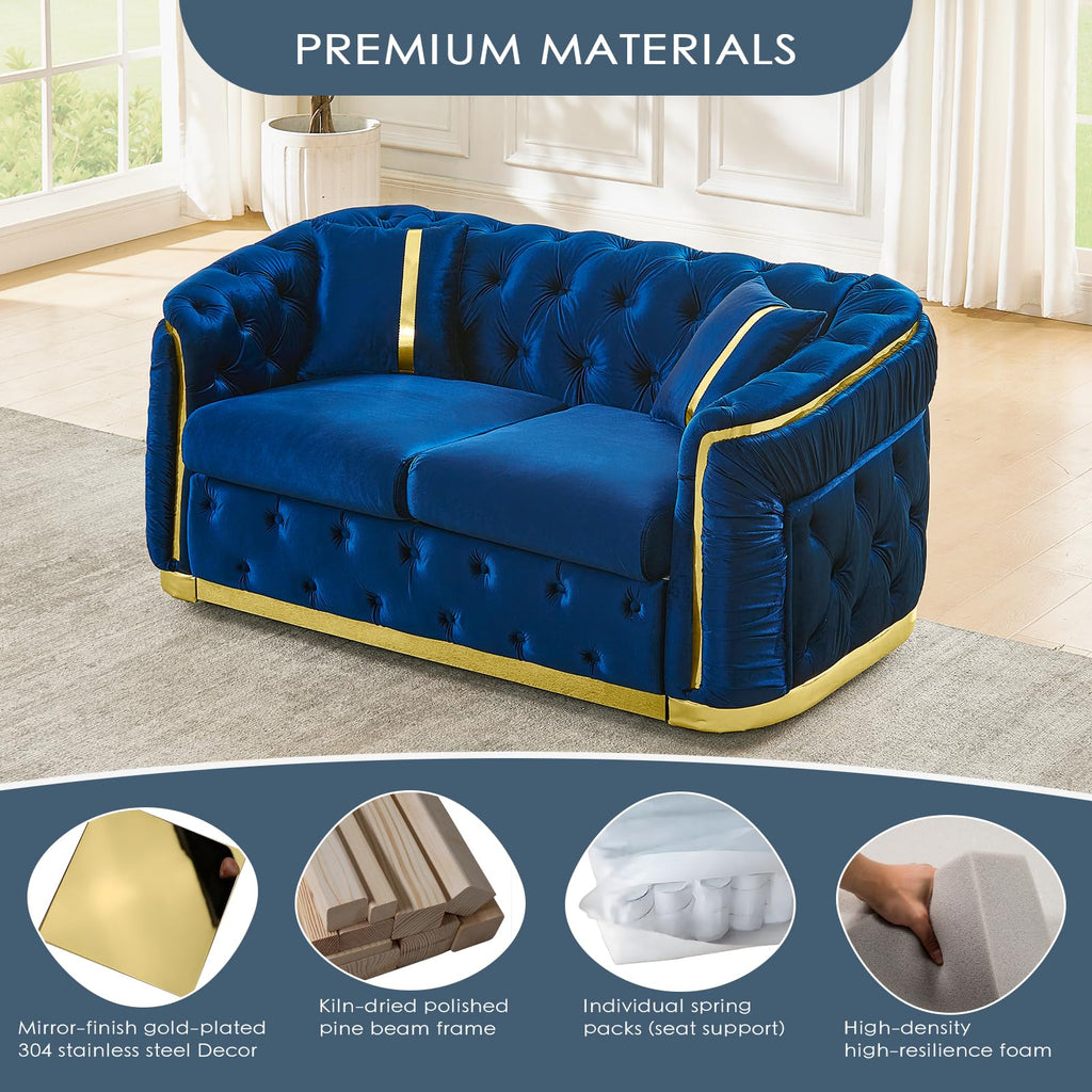 Blue and Gold Velvet Button Tufted Loveseat Sofa W263258