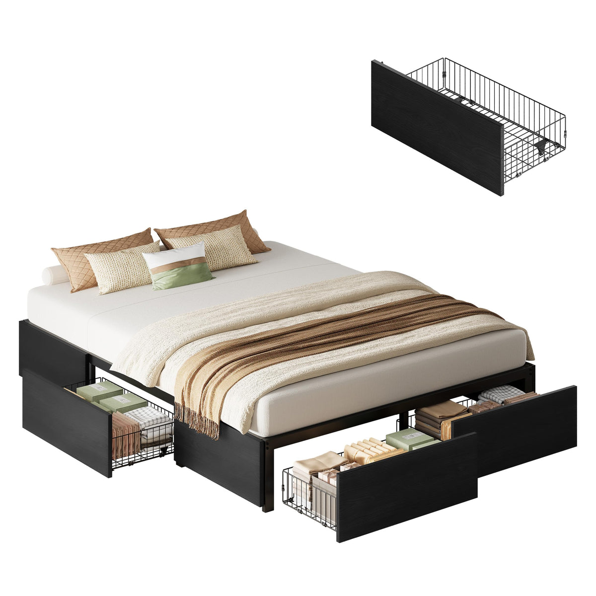 Queen Bed Frame with 4 Storage Drawers, Black F850