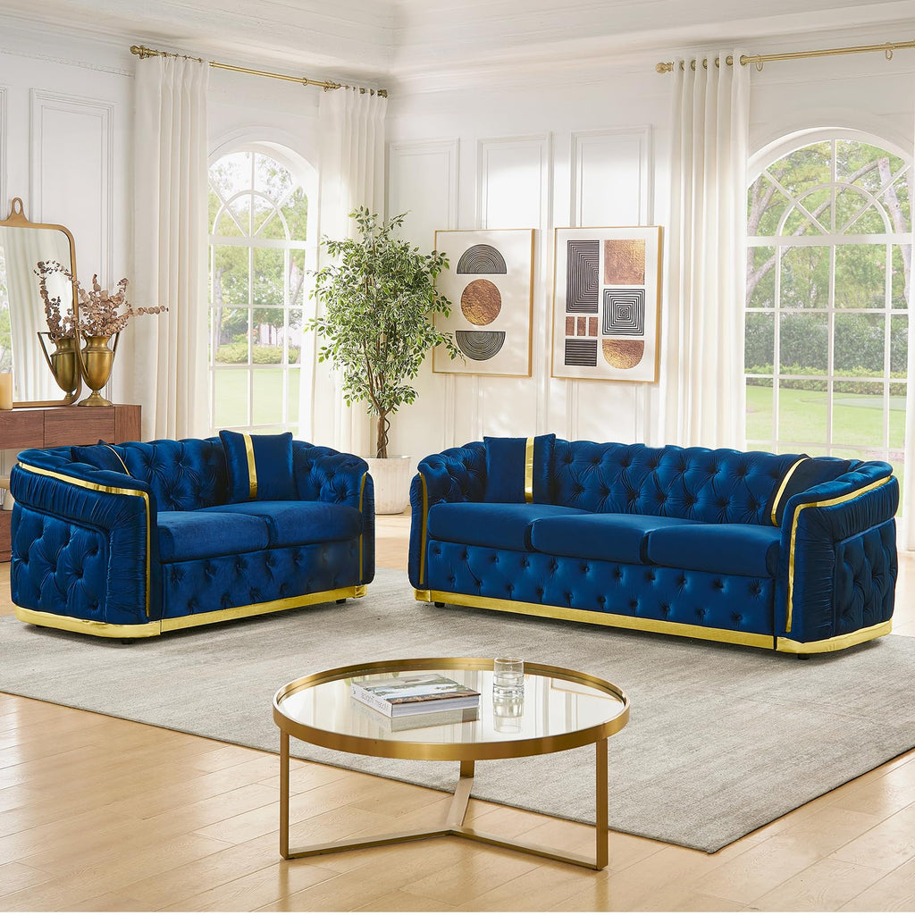 Blue and Gold Velvet Button Tufted Loveseat Sofa W263258