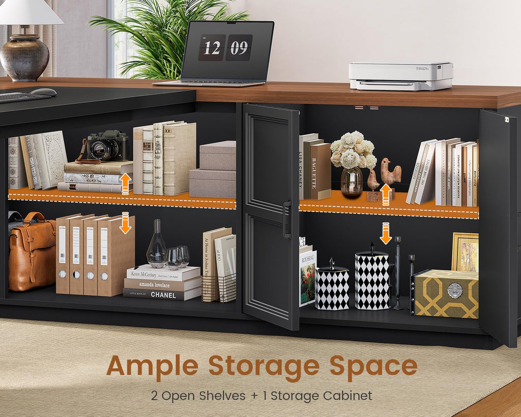 78.7" L Shaped Executive Desk with Charging Station, File Drawers & Storage Cabinet, Black + Brown J600