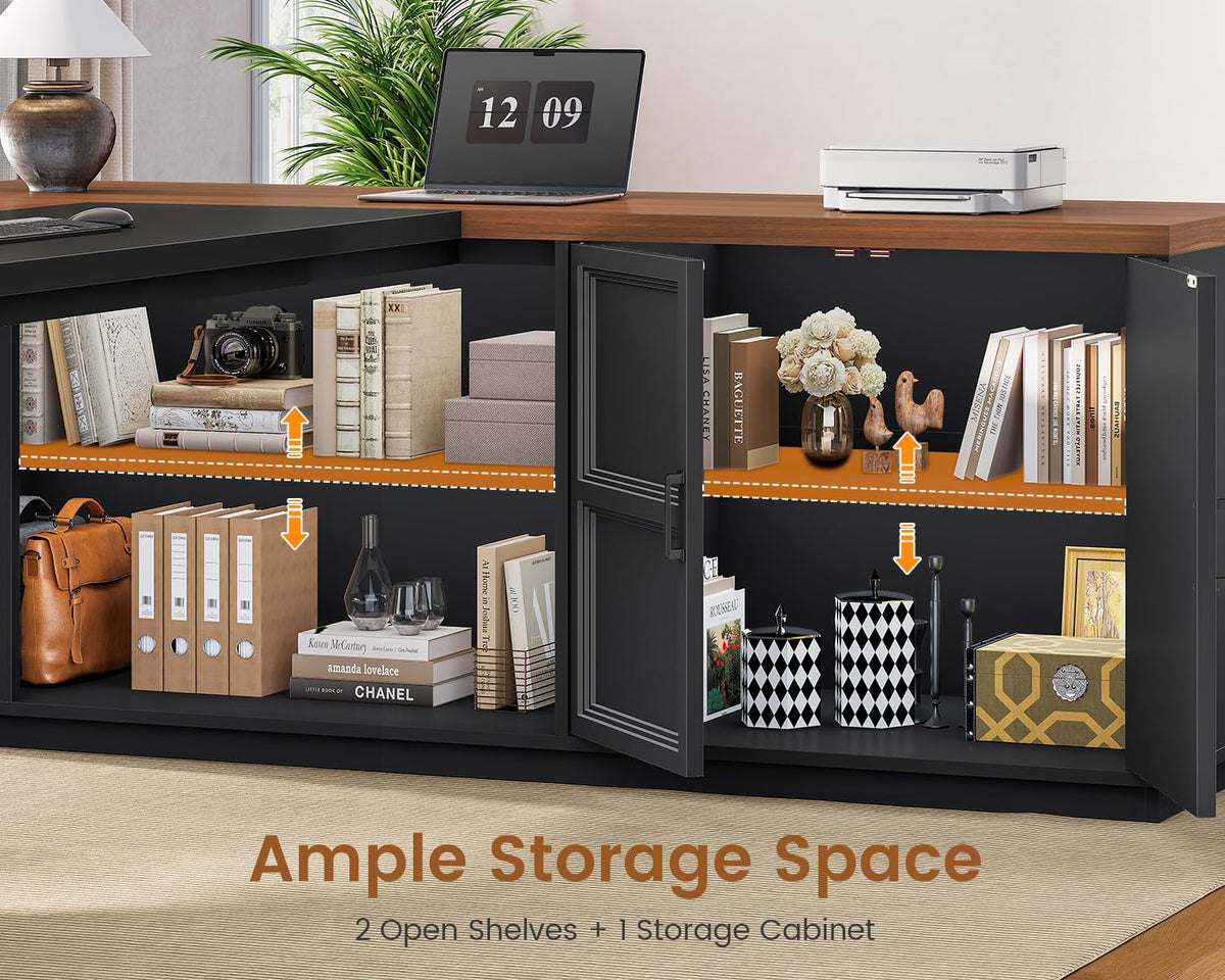 78.7" L Shaped Executive Desk with Charging Station, File Drawers & Storage Cabinet, Black + Brown J600