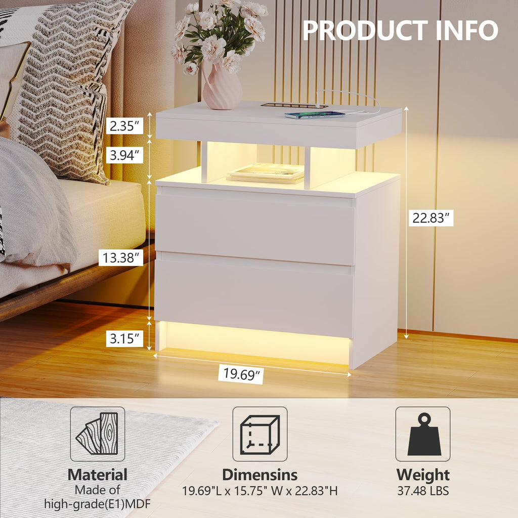 LED Nightstand with Charging Station White C4721