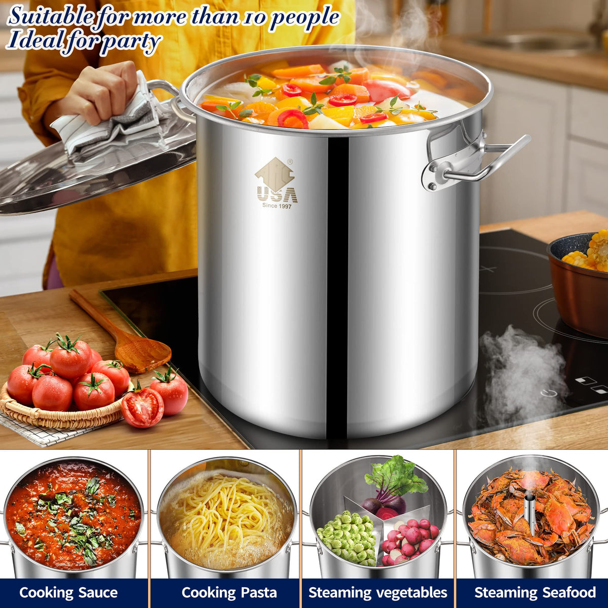 40 Quart Stainless Steel Stockpot with Basket and Steam Rack P898135