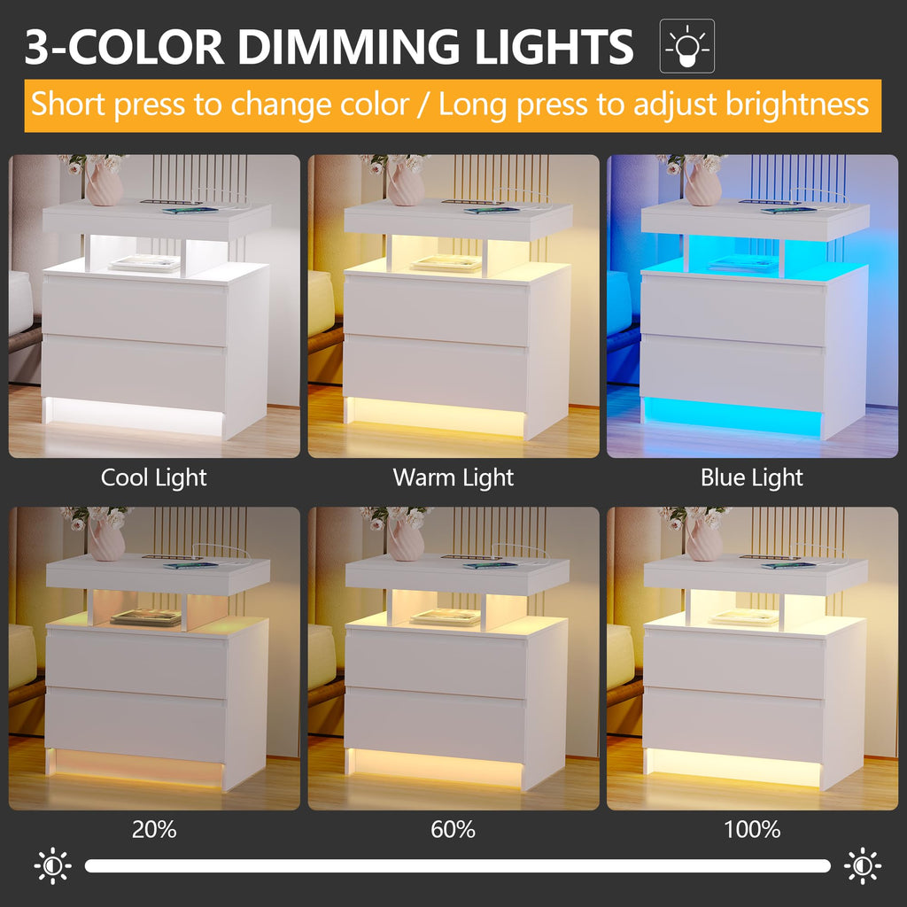LED Nightstand with Charging Station White C4721