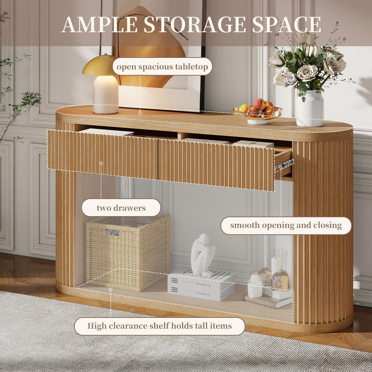 Fluted Console Table 2 Drawers Wood Natural Z953136