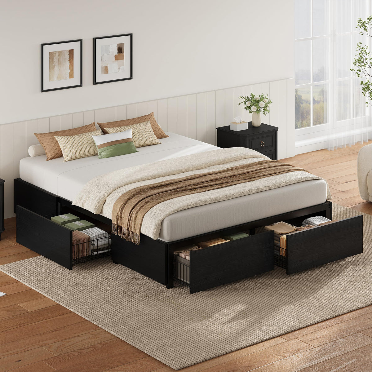 Queen Bed Frame with 4 Storage Drawers, Black F850