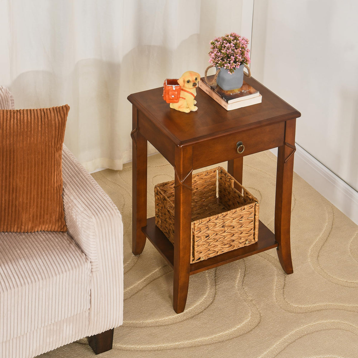 Small Solid Wood Side End Table with Drawer and Storage Shelf G8930