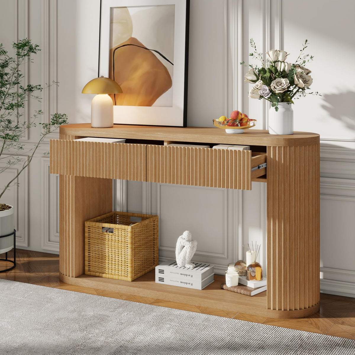 Fluted Console Table 2 Drawers Wood Natural Z953136
